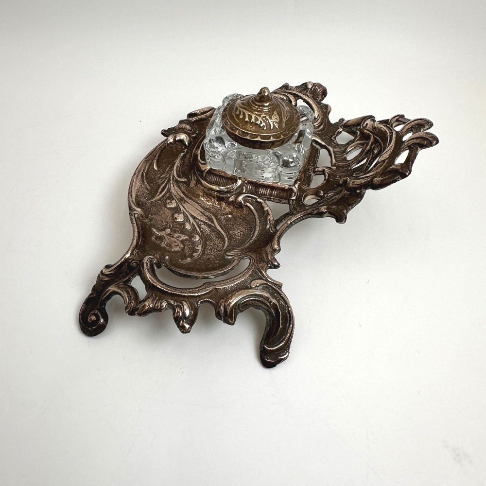 Art Nouveau Brass Desk Inkwell Heavy Cast Metal Victorian Library Dark Academia - Picture 6 of 11